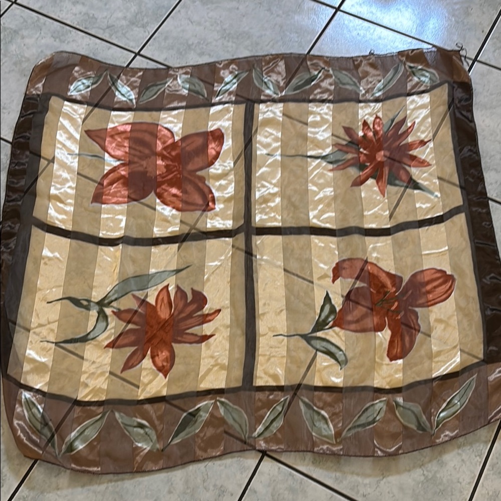 Floral Silk Scarf with Brown and Red Accents  38x38
